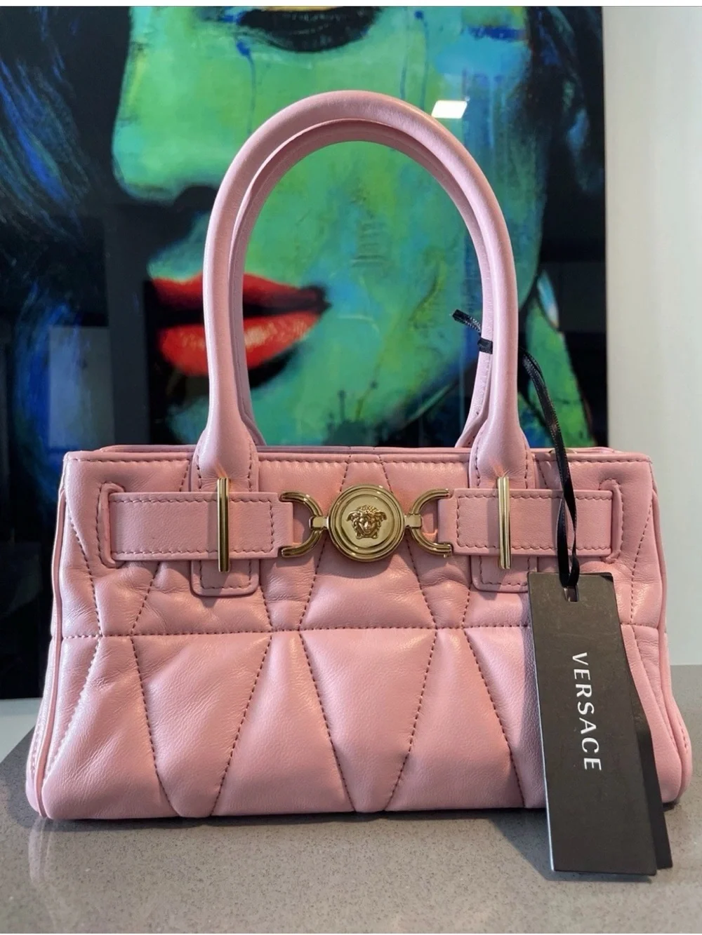 Versace Pink Quilted Leather Satchel with Gold Medusa Hardware